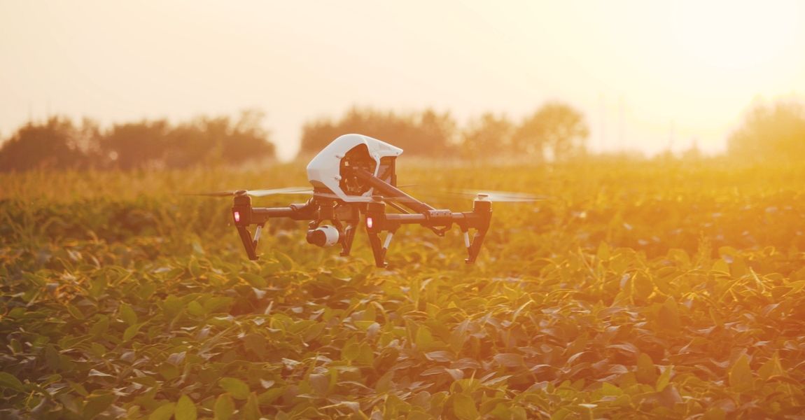 Consumer drone flying close to the ground